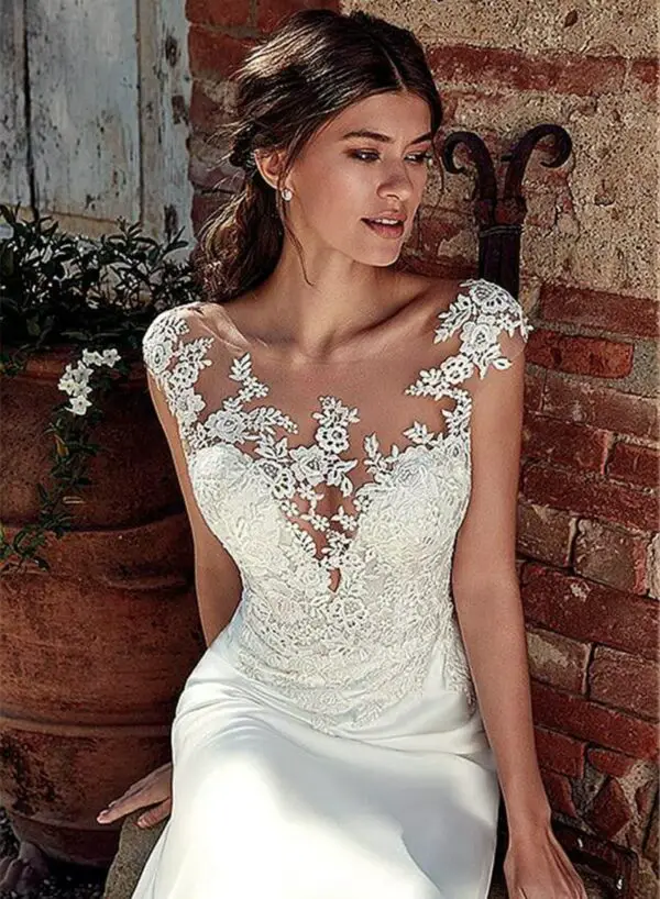 Robe De Mariée Sirène Dentelle Florale Blanche Soirée Blanche 4564