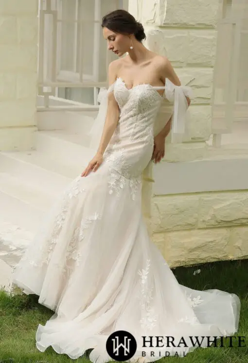 Robe de mariée sirène en dentelle florale avec manches en tulle détachables | Soirée Blanche