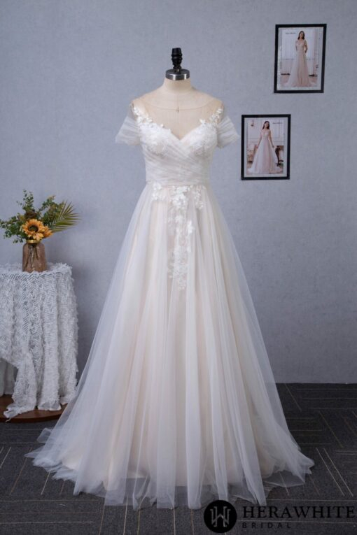 Robe de mariée romantique à corsage plissé en tulle avec illusion sur l’épaule | Soirée Blanche