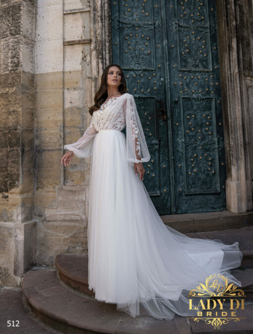 Robe De Mariée fluide haut illusion à dentelle florale et perlé | Soirée Blanche