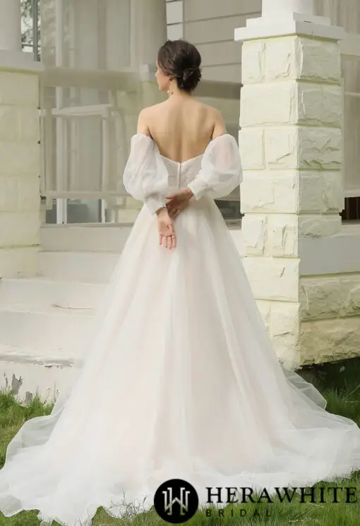 Robe de mariée ligne A bustier avec manches longues détachables | Soirée Blanche