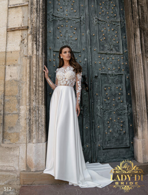 Robe De Mariée fluide haut illusion à dentelle florale et perlé | Soirée Blanche