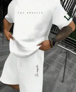 Ensemble Blanc t-shirt décontracté d’été à manches courtes imprimé de lettre à col rond et short à taille à cordon pour hommes