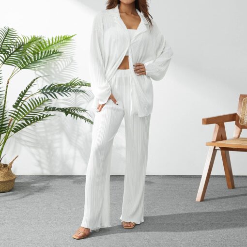 Ensemble de Tenue Décontractée pour Femmes : Chemise Plissée à Manches Longues + Pantalon image 5 | Soirée Blanche