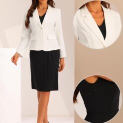 Ensemble de costume d'affaires pour femme Col en V Robe de bureau avec blazer à revers cranté image 17 | Soirée Blanche