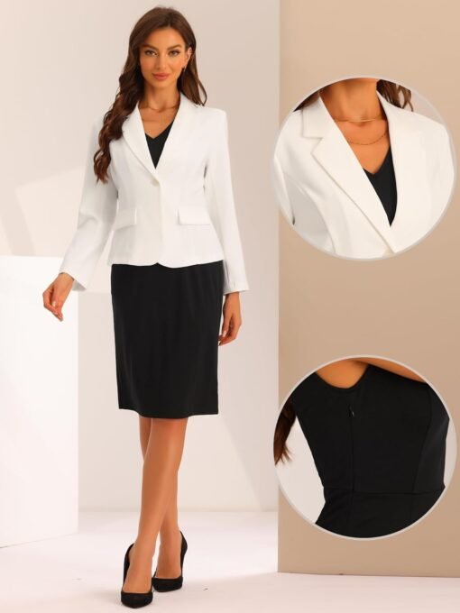 Ensemble de costume d'affaires pour femme Col en V Robe de bureau avec blazer à revers cranté image 5 | Soirée Blanche