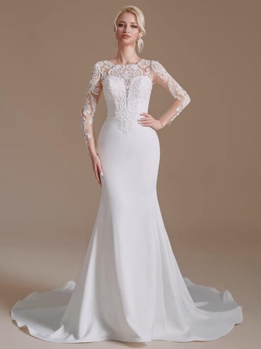 Robe de mariée à encolure bateau en dentelle image 5 | Soirée Blanche